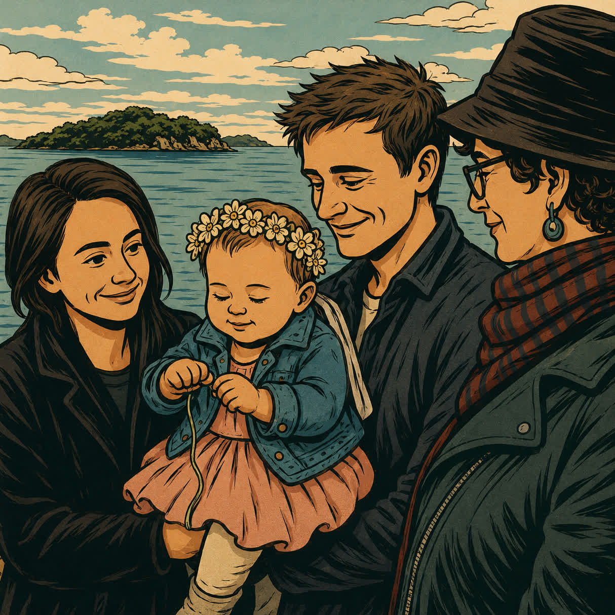 Family celebrating a baby blessing ceremony by the water